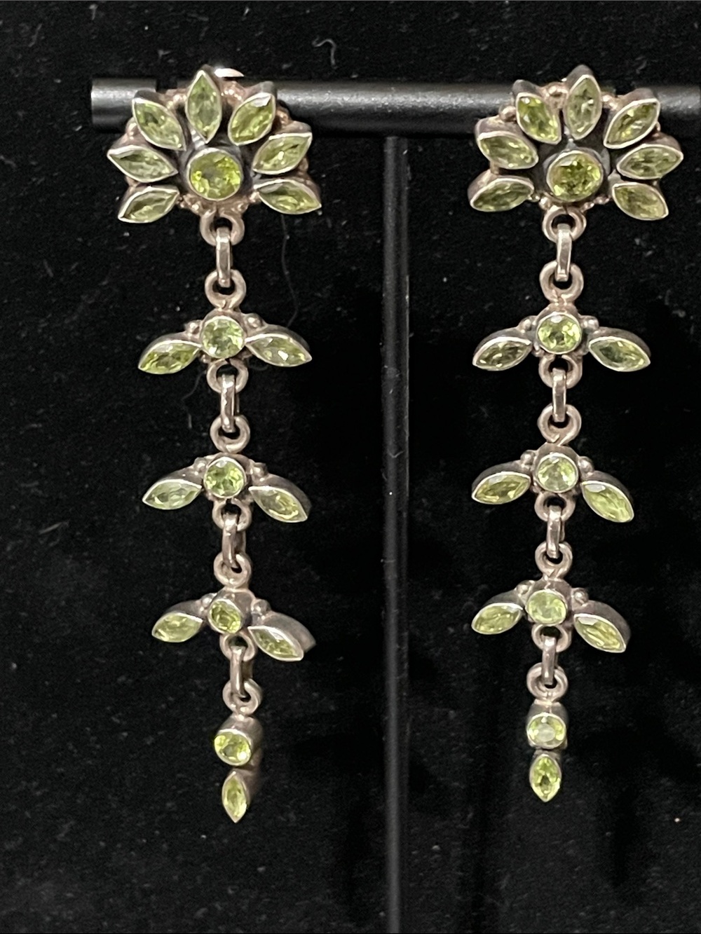 Sterling silver & Peridot Floral Drop Earrings.
